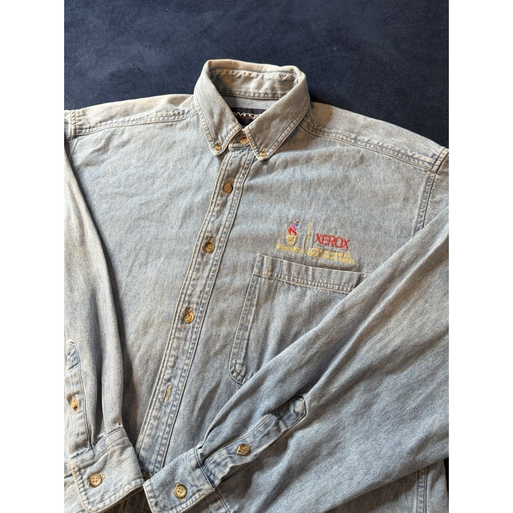 Vtg 1996 Swingster Denim Button Up Shirt “Xerox” Olympic Games Adult Sz L Blue